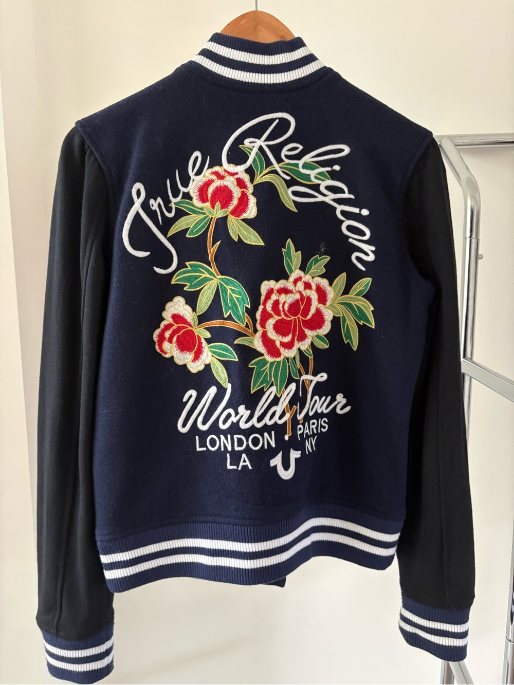 True Religion World Tour Floral Embroidered Varsity Jacket Navy S